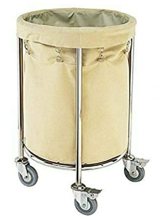 SS Laundry Trolley ROUND Shaped BIG Size (22 Inches Diameter) Clothes Sorter with Wheels and Removable Canvas Bag