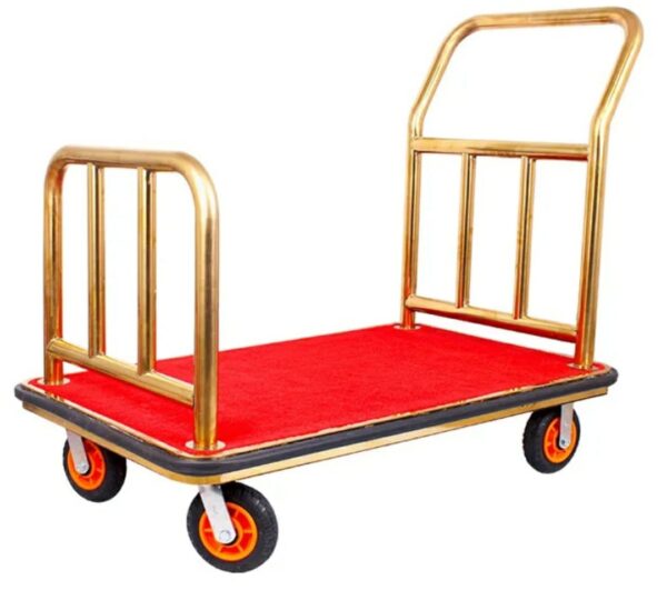 Golden Rectangle Shaped Luggage Cart Trolley with 6 Inch Heavy Gripped Wheels and Red Carpet