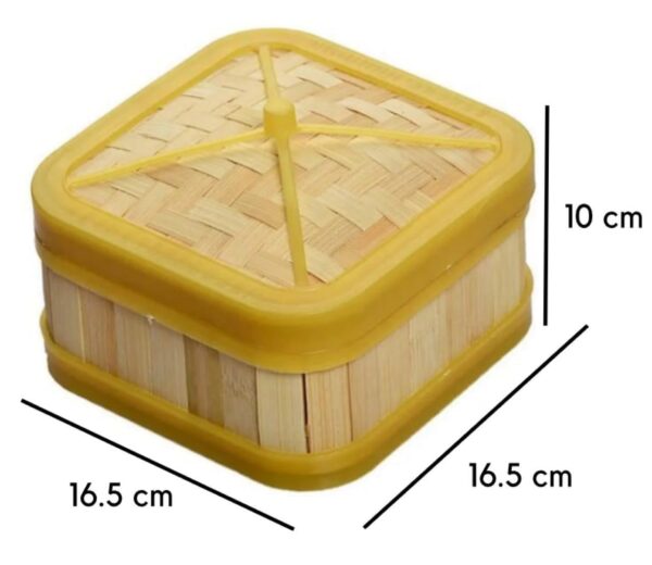 Heavy Duty Premium SQUARE SHAPED Bamboo Wooden Dimsum Basket with Yellow Border & Lid for Steaming Momos, Dumplings, BaoBuns, Mandus (Size: 16.5cm)