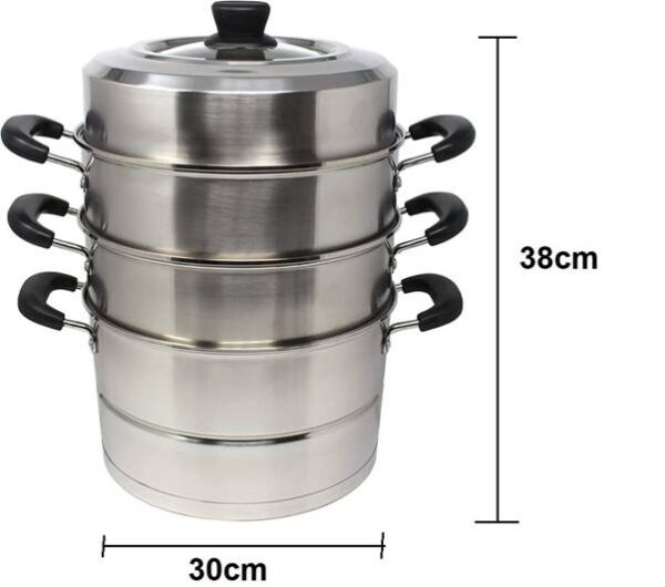 3 Tier Stainless Steel Induction & Gas Compatible Corn Rice Vegetables Dimsum Momos Steamer with Transparent Lid (Size: 30cm Wide)