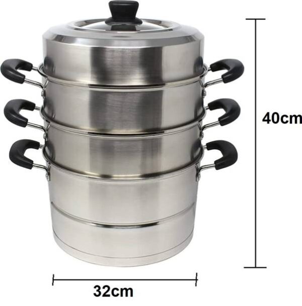 3 Tier Stainless Steel Induction & Gas Compatible Corn Rice Vegetables Dimsum Momos Steamer with Transparent Lid (Size: 32cm Wide)